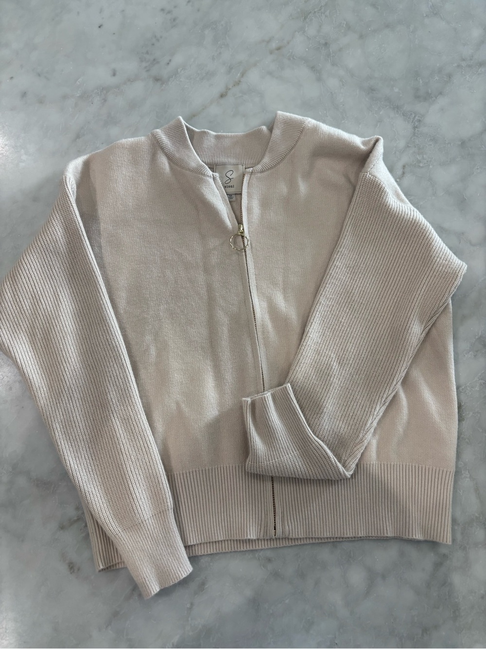 Sioni Neutral Beige Zip Front Knit Cardigan Ring Pull Cream Medium